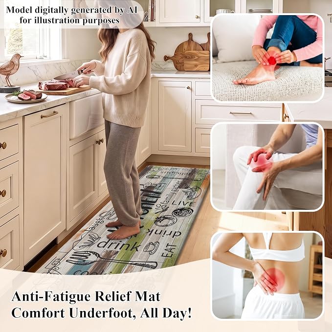 HEBE Anti Fatigue Kitchen Rugs Set of 2, Non Slip Cushioned Kitchen Mats for Floor, Waterproof Farmhouse Comfort Standing Desk Mat for Kitchen Sink,Office,Laundry