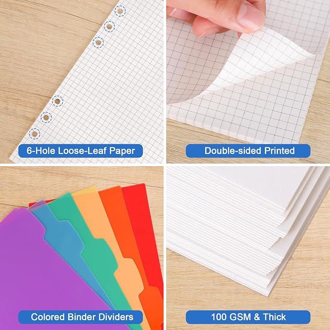 Antner A5 Grid Refill Paper Planner Inserts for A5 6-Ring Binder, 135 Sheets 6-Hole Graph Rule Loose Leaf Filler Paper Refills with 12PCS Binder Dividers for Refillable Notebooks, Bullet Journal, Math