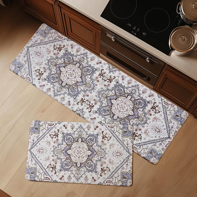 FRESHMINT Boho Kitchen Mat Set 2 Piece, 17x30''+17x47'', Gray | Anti-Fatigue, Non Slip, Comfort, Kitchen Decor, Easy to Clean, Waterproof, Perfect for Kitchen, Laundry, Office