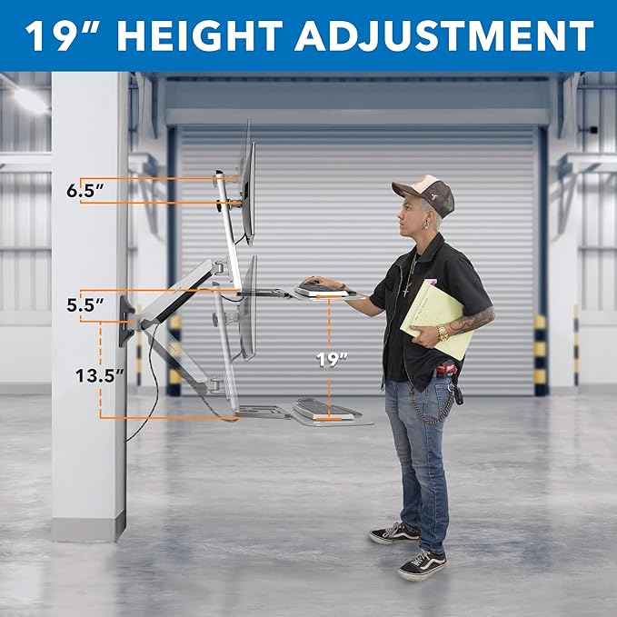 Mount-It! Wall Mounted Sit-Stand Single Monitor Workstation with Gas Spring Arm, Keyboard Tray & CPU Holder, 19.9” Height Adjustment, 41” Extension, VESA 75x75 100x100, MI-7905