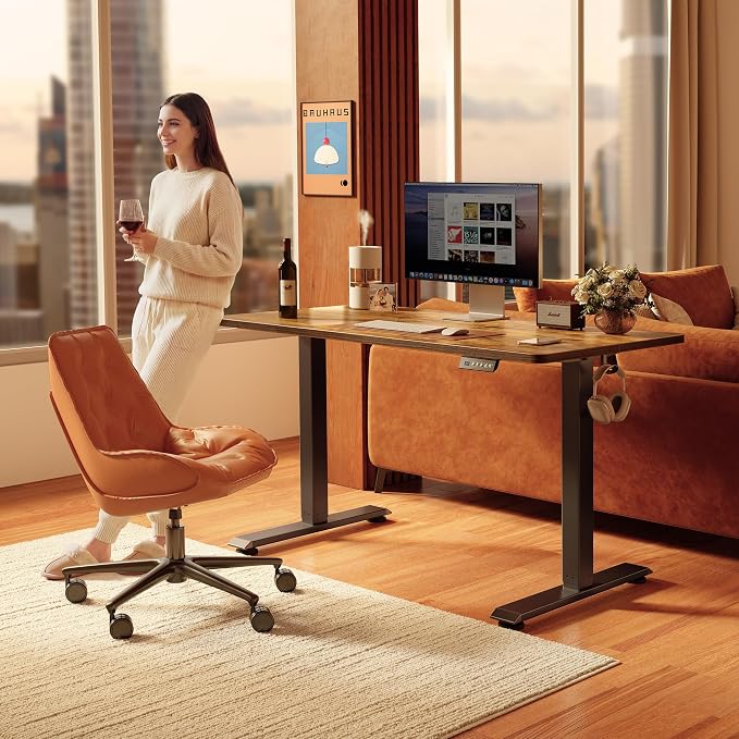 FEZIBO 40 x 24 Inchs Electric Standing Desk, Height Adjustable, Sit Stand Up, Computer Office Desk with Splice Board, Black Frame/Rustic Brown Top