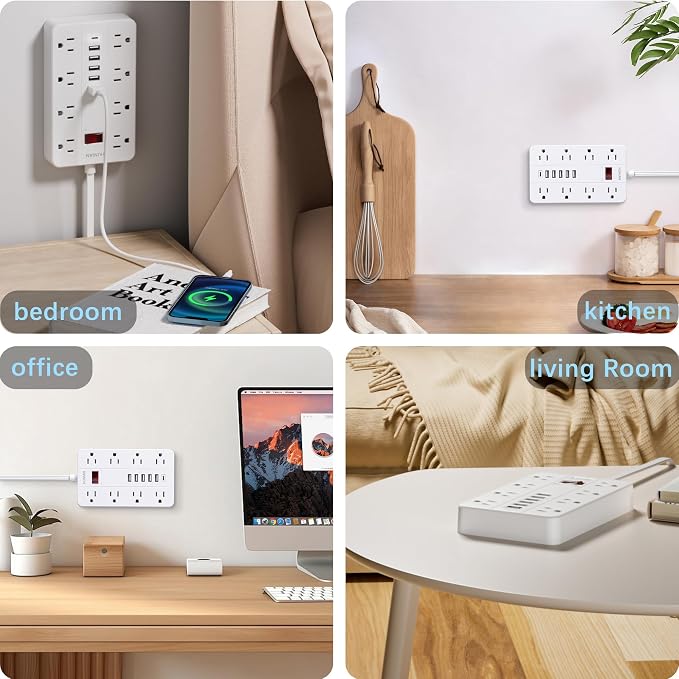 Extension Cord Power Strip 15 Ft, HUNIAN Flat Plug with 8 Widely Spaced Outlets 6 USB (1 USB C Port), Wall Mount Charging Station for Home and Office