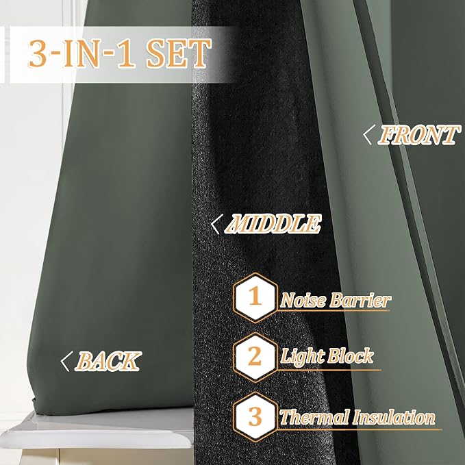 RYB HOME Noise Cancelling Curtains - 3 Layers Blackout Curtains Privacy Window Treatment Thermal Insulated Room Divider Drapes for Studio Bedroom Laundry Room, 52 x 102 inches, Hunter Green, 2 Pcs