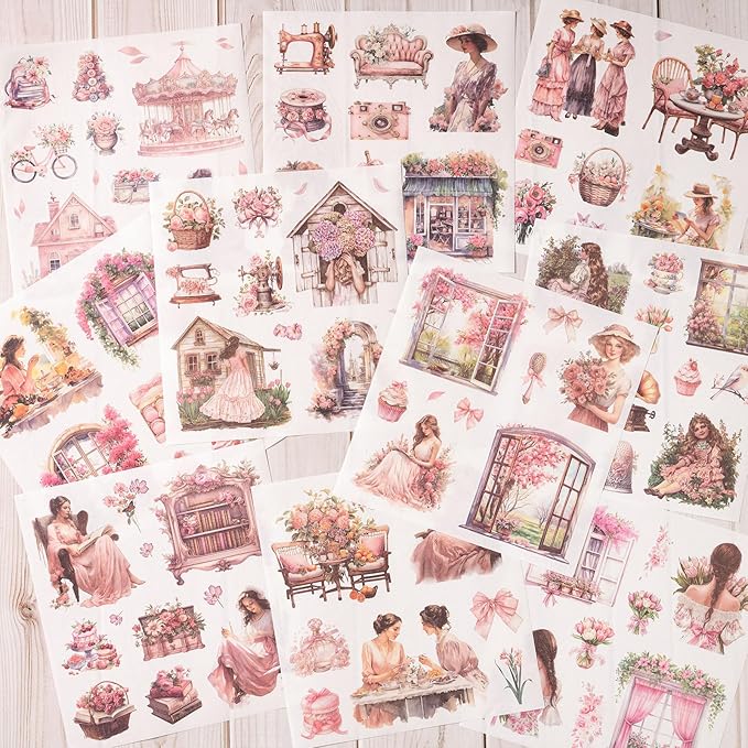 YagCu Garden Journaling Stickers, 50 Sheets Washi Junk Journal Sticker Book, Scrapbook Supplies, Watercolor Scrapbooking for Adults, Pink Decorative Ephemera Arts Craft