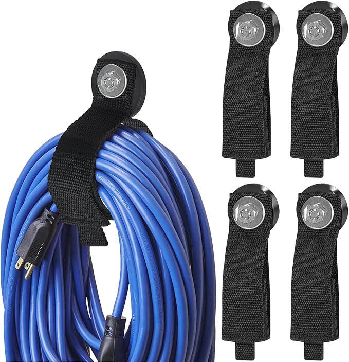 Kanemc 4PCS Extension Cord Holder Organizer Heavy Duty Storage Straps | Easy Hang Reusable Cord Organizer Magnet Hooks for Hanging Cables Hoses Workshop Rope Garden Garage Organization