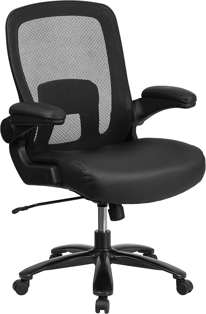 Flash Furniture Big & Tall Swivel Office and Gaming Chair with LeatherSoft Seat, Mesh Office Chair with Flip-Up Armrests and Adjustable Height, Black | Ergonomic, Adjustable Lumbar, Mesh Back, 500 LBS. Weight Capacity, LeatherSoft Upholstery, Flip-Up P...