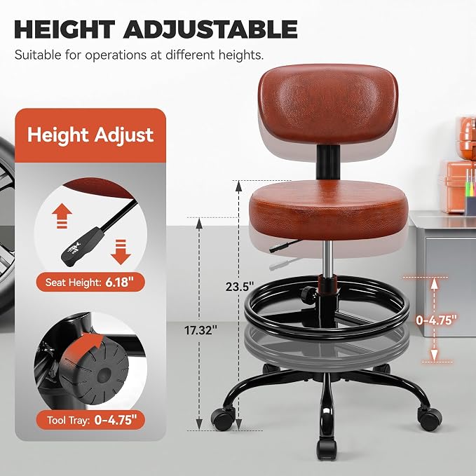 BestGlory Shop Stool with Wheels for Garage, Mechanics Rolling Chair with Backrest, Adjustable Height Heavy Duty Garage Stool with Footrest and Storage Tray, Swivel Task Chair for Workshop Salon