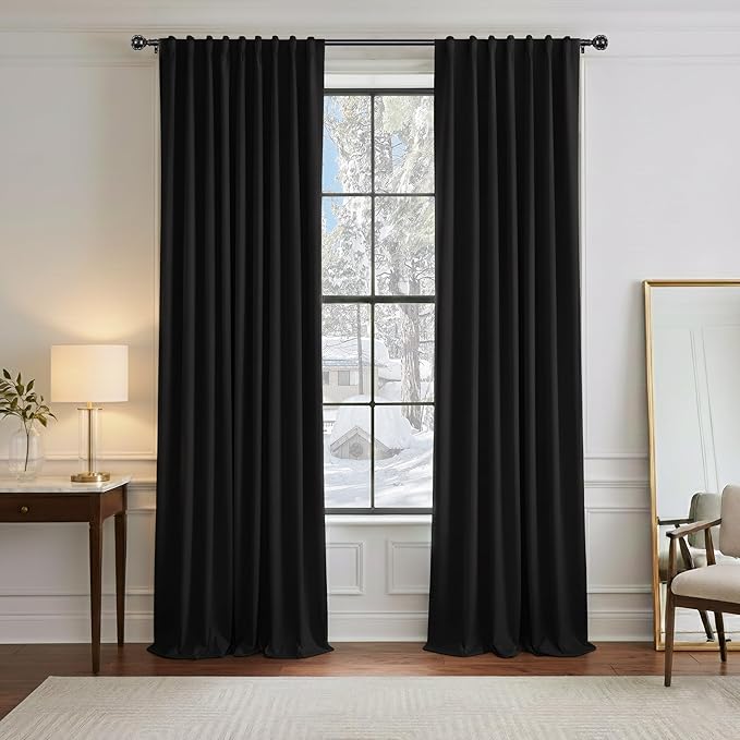 PONY DANCE Blackout Curtains 90 inches Long - Black Room Darkening Floor Length Window Curtains for Living Room/Bedroom with Back Tab Slot Top Home Decor Draperies, 42" W x 90" L, 2 Panels