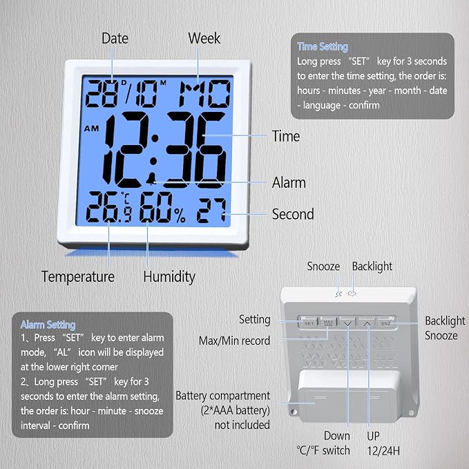 Timloon Digital Alarm Clock Mini Size for Bedside, Big Numbers Display with Backlight, Alarm, Temperature and Humidity, 12/24H, Snooze,℃/℉ Switching (Size: 3.7"x3.7")
