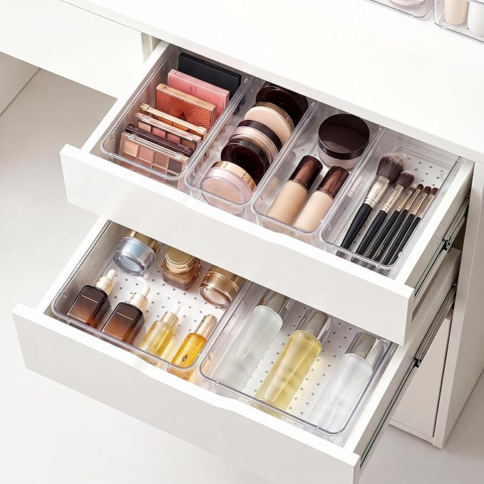 44 Pcs Makeup Drawer Organizer Set, 4 Sizes Versatile Vanity Drawer Organizer for Makeup, Non-Slip Desk Organizer Trays for Bathroom, Bedroom, Office, Fits Jewelry and Office Supplies