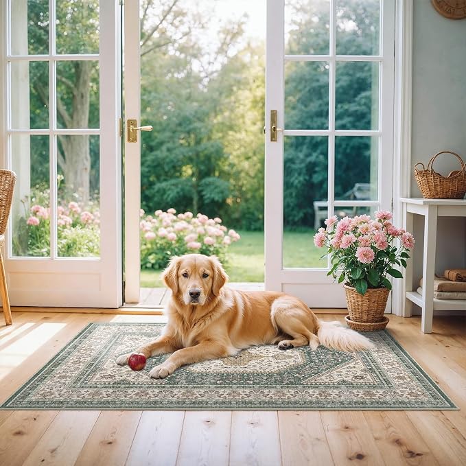 Washable 2x4 Runner Rug for Entryway: Non Slip Kitchen Rugs with Rubber Backing Soft Pet-Friendly Mats Stain Resistant Low Pile Carpet for Hallway Bedroom Bathroom Laundry Home Decor Green/Beige