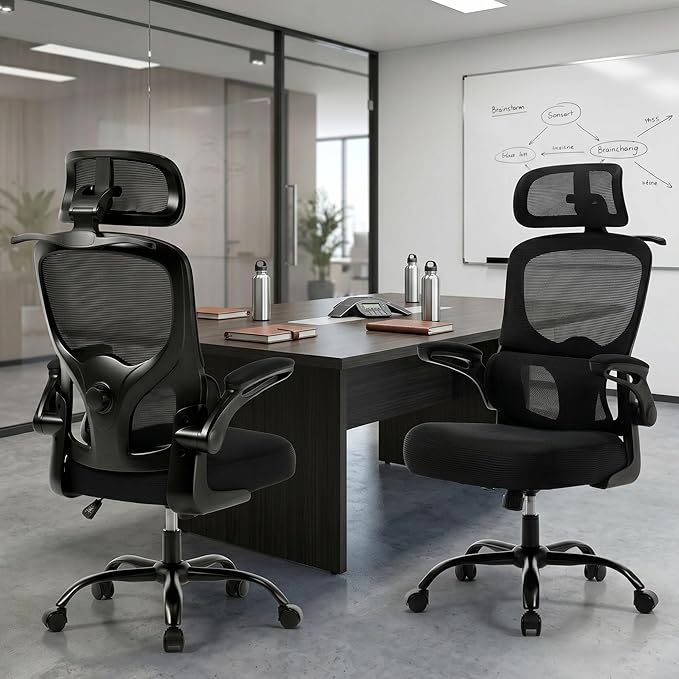 Ergonomic Mesh Office Chair,330LB Capacity High Back Desk Chair with Adjustable Lumbar Support, Adjustable Headrest & Flip-Up Arms,Breathable Computer Chair for Home Office,Work & Study,2pcs