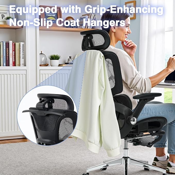 Ergonomic Mesh Office Chair with Footrest, High Back Desk Chair with 4D Armrests, 3-Zone Dynamic Lumbar Support, Ergonomic Office Chair with Wheels (Black)