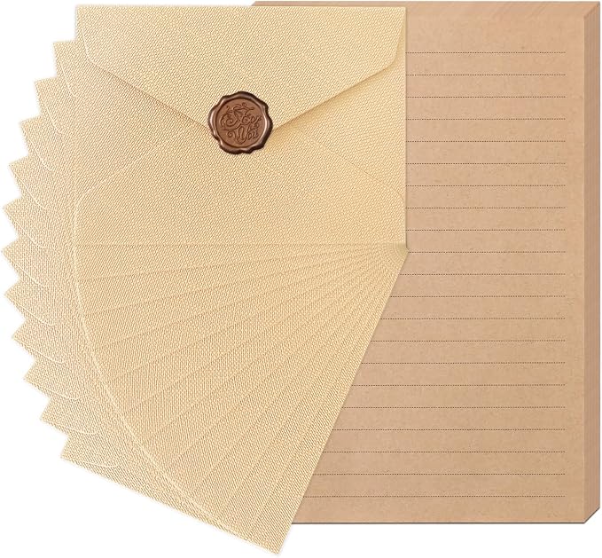 48 Pieces Stationery Set with Envelopes (24 Kraft Paper Sheets + 12 Linen Texture Envelopes+12 Wax Seal Stickers), Stationery Letter Writing Paper Set for Love Letters and Party Invitations (Yellow)