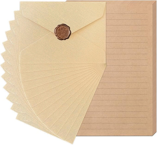 48 Pieces Stationery Set with Envelopes (24 Kraft Paper Sheets + 12 Linen Texture Envelopes+12 Wax Seal Stickers), Stationery Letter Writing Paper Set for Love Letters and Party Invitations (Yellow)