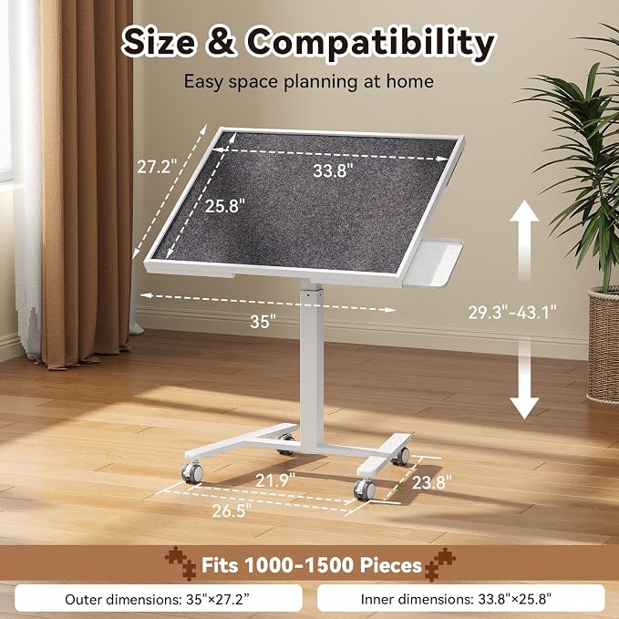 JYLH JOYSEEKR 1500 Pcs Puzzle Table with 4 Drawers, 33.8"×25.8" Metal Frame | 90° Tilt & Height Adjustable Jigsaw Puzzle Board on Wheels & Cover, Drafting Desk, Gift for Adults, Puzzle Lover, White