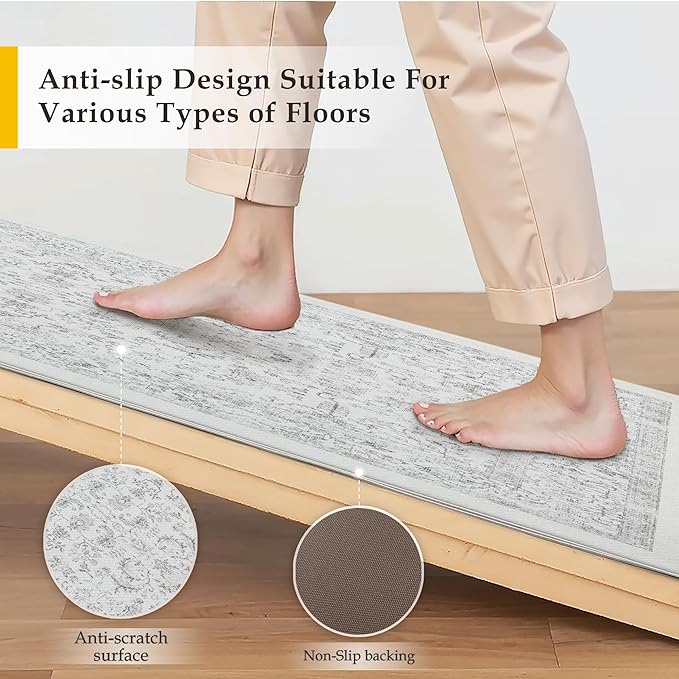Kitchen Mats for Floor Anti Fatigue Cushioned Gray Vintage Kitchen Mats Waterproof Non Slip Comfort Standing Grey Retro Floral Rug for Sink Laundry Office Bathroom 17.3"x30"