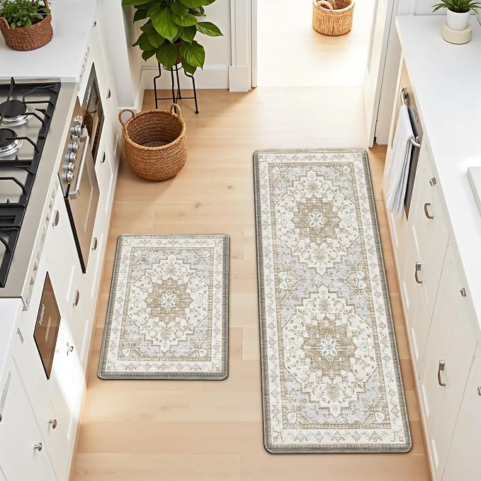 Boho Kitchen Mats for Floor 2 Piece Set Anti Fatigue Cushioned PVC Kitchen Rugs Non Slip Waterproof Farmhouse Mats 2/5 Inch Comfort Standing Mat for Sink, Laundry, 23.6"x39"+23.6"x59", Beige Tan