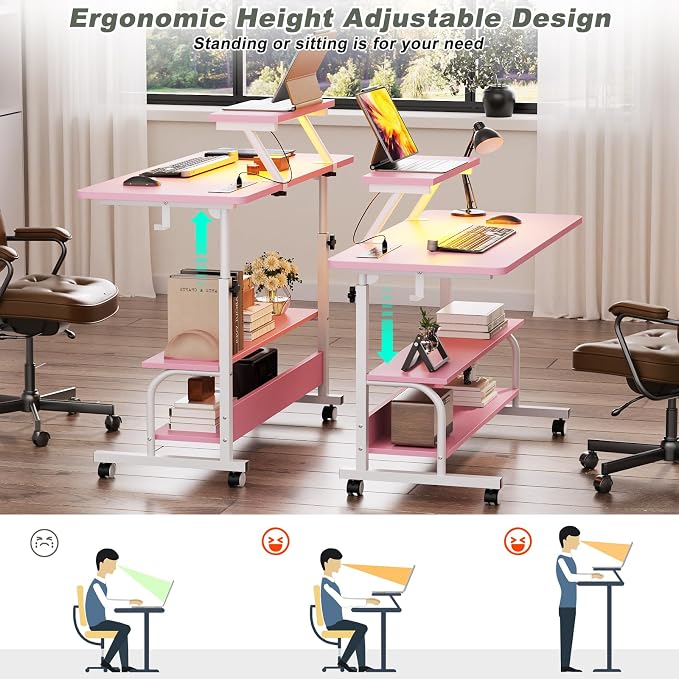Height Adjustable Standing Desk with Power Outlets and LED Lights - 32" Manual Stand Up Desk with Monitor Stand and Storage Shelves Small Mobile Rolling Computer Desk Portable Laptop Table, Pink