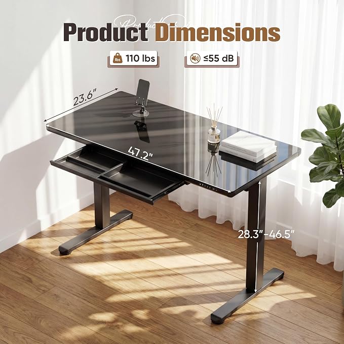 YESHOMY Electric Standing Desk with Tempered Glass Top, 47.2" Height Adjustable Desk with Partitioned Drawer & USB/Type-C Ports, Sit Stand Desk for Home Office, Black