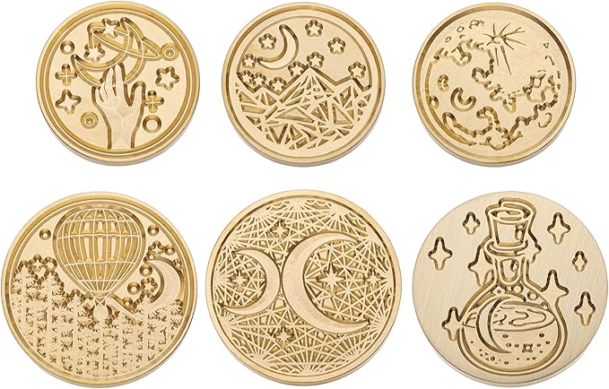 Yoption 6 Pcs Wax Seal Stamp Set, Vintage Moon and Star Sealing Wax Stamps Kit, Wooden Handle with Brass Head for Wedding Christmas Invitation Gift Cards