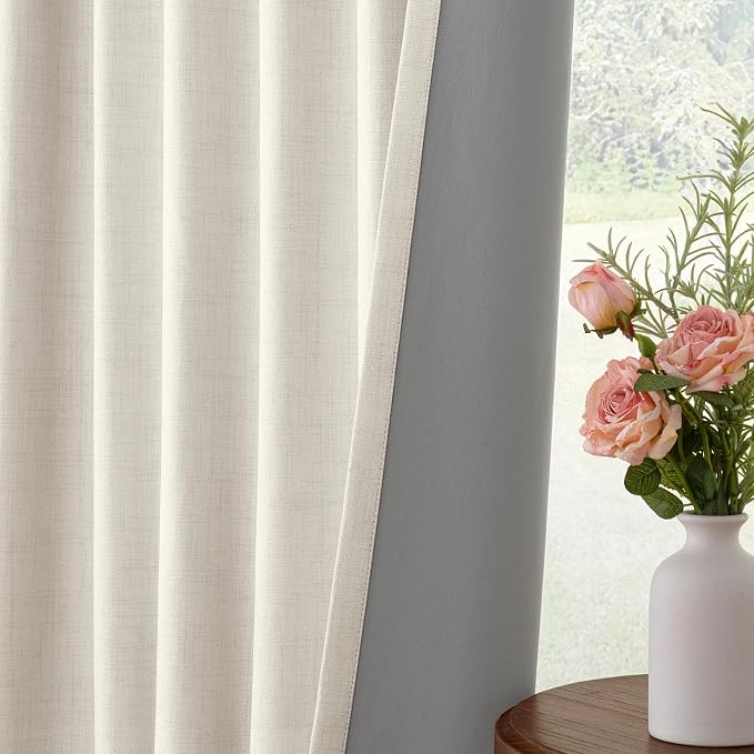 INOVADAY 100% Blackout Curtains for Bedroom, Beige White Black Out Curtains 84 Inch Long, Clip Rings Linen Blackout Drapes, Thermal Insulated Room Darkening for Living Room, 2 Panels - W50xL84