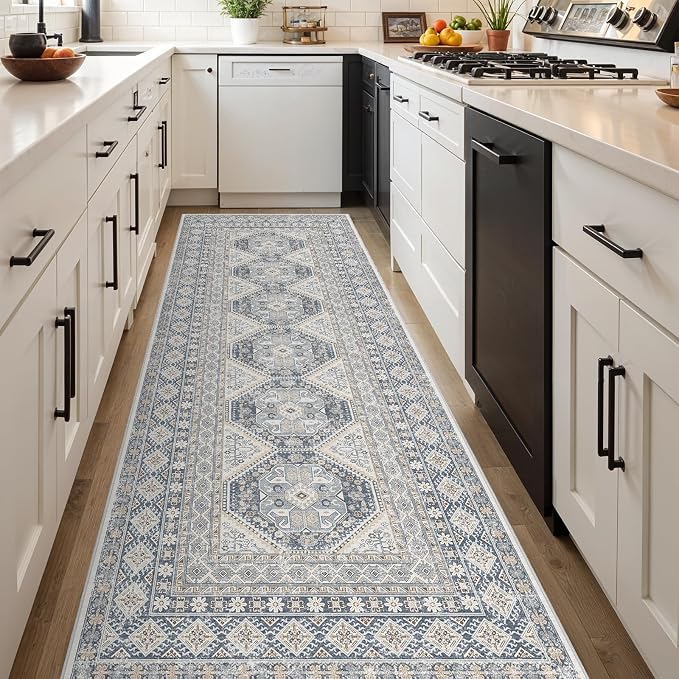 3x10 Runner Rug Kitchen Washable:Oriental Indoor Hallway Runners with Non Slip Backing Floor Mat for Entryway Door Low Pile Thin Carpet for Bedroom Bathroom Living Room Bedside (Blue, 3x10)
