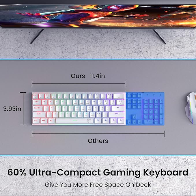 Portable 60% Mechanical Gaming Keyboard, Wired Ergonomic Keyboard with Red Switches,18 LED BacklitKeyboard,61 Keys Ultra-Compact Mini OfficeKeyboard for PC/Mac/Xbox,Easy to Carry On Trip-White