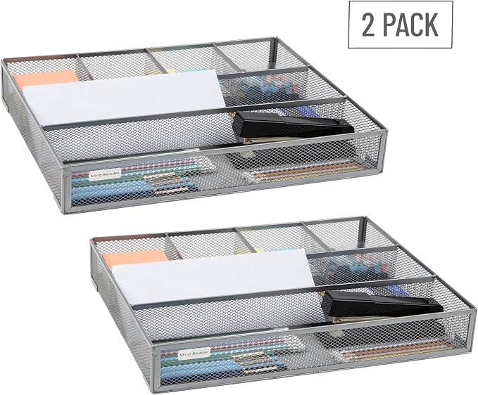 Mind Reader 6-Compartment Drawer Organizer, Metal Mesh Desk Organizer for Office, Kitchen, Utensils, Supplies, Set of 2, Silver