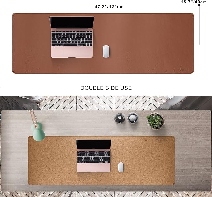 MAIDERN 47.2" x 15.7" Cork & Leather Desk Pad, Large XXL Mat, Full Mouse Pad, Dual Sided Protector for Gaming Home Office (Brown)
