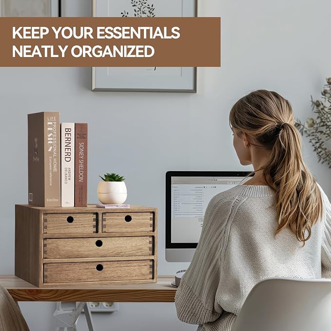 KIRIGEN Wood Desk Organizer with 4 Drawers, Desktop Storage, Brown 34-DBR | 3-Tier Solid Wood Cabinet Holds Letter-Size Paper, Mail, Makeup, Crafts, and Home Office Supplies, Fully Assembled