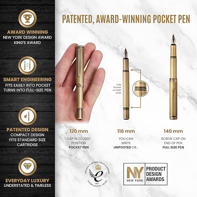 Scriveiner Luxury EDC Fountain Pen (Fine), Bronze Pocket EDC with Hand Brushed Finish, Schmidt German Nib Converter, Best Writing Gift Set for Men & Women, Fancy Pen for the Office & Journaling