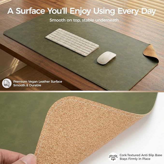 Premium Faux Leather Desk Mat & Tray Set，Innovative Cork-Look Printed Base，Gift Tube Packaging，Full-Desk Coverage，Non-Slip Desk Pad for Office Home（Olive Green）