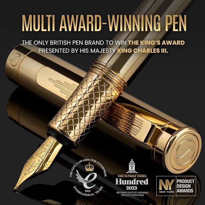 Scriveiner Gold Luxury Fountain Pen (Fine) - Award Winning - Heavy Pocket Stunning Luxury Pen, Real Gold Plating, German Nib & Converter, Nice Gift Pens for Men & Women