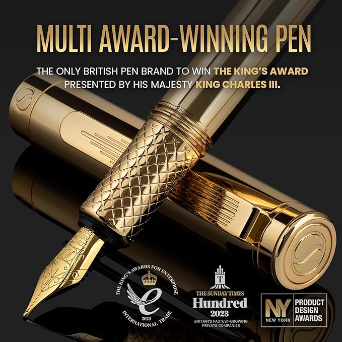 Scriveiner Gold Luxury Fountain Pen (Fine) - Award Winning - Heavy Pocket Stunning Luxury Pen, Real Gold Plating, German Nib & Converter, Nice Gift Pens for Men & Women