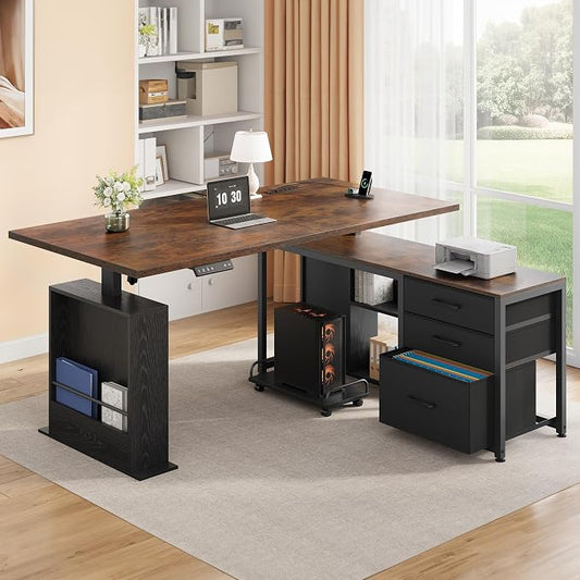 63 Inch L Shaped Desk with 3 Drawers Electric Standing Desks with Storage Computer Table Adjustable Height with Power Outlets 4 Memory Presets for Home Office, Rustic Brown