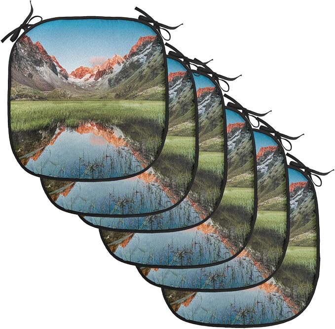 Lunarable Rustic Chair Cushion Pads Set of 6, Snowy Peaks Mirroring in Lake Surrounded by Meadow Below Stubai Alps Austria Image, Anti-Slip Seat Padding for Kitchen & Patio, 16"x16", Multicolor
