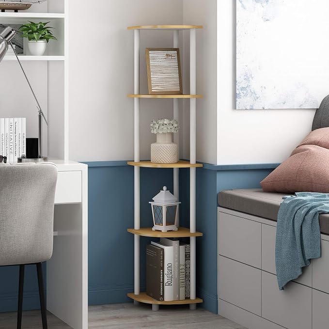 Furinno Turn-N-Tube Corner Shelf Set of 2, 5-Tier Corner Bookshelf, Open Storage Shelves, for Organization and Storage, Living Room, Home Office, Garage, Beech
