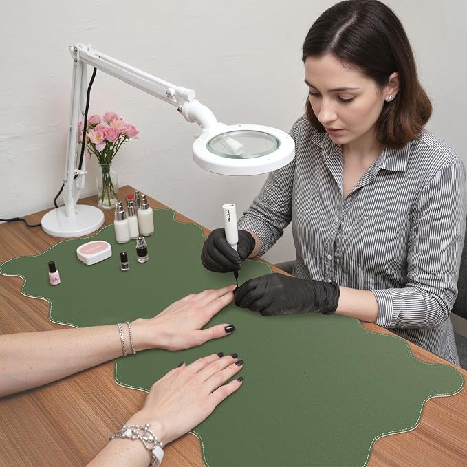 iCasso Leather Mouse Pad,Extra Large Desk Pad with Stitched Edges,Cute Scalloped Computer Mat for Desktop,Non-Slip Nail Mats Green,Waterproof Desk Protector for Office Home School
