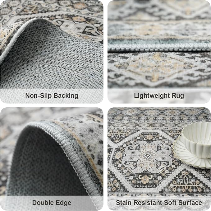 Washable Area Rug Non Slip - 2x3 Small Kitchen Boho Rug Vintage Entryway Low Pile Carpet for Doormat Black