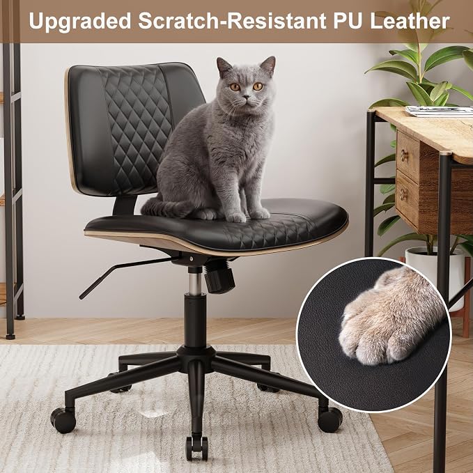 Modern Armless Office Chair with Wheels, Adjustable Swivel Desk Chair with Wide Seat and Tilt Function, Faux Leather Mid Century Task Chair for Home Office, Bedroom, Vanity, Black