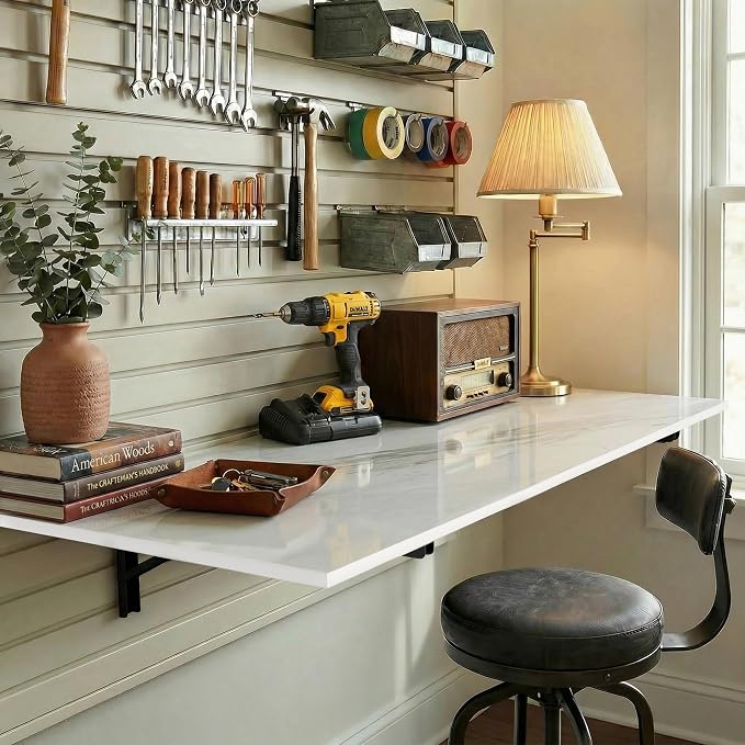 GOYLSER Wall Mounted Folding Table for Office, White Marble Fold Down Desk Laundry Folding Table Wall Mounted for Laundry Room/Home Kitchen, Length 47" Width 20.5"