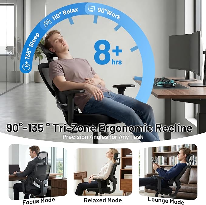 Ergonomic Office Desk Chair, High Back Breathable Mesh Computer Chair, 3D Lumbar Support, 2D Headrest & 3D Armrests, 300lbs Heavy Duty Task Chair for Home Office Work Gaming, Black