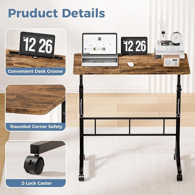 Simple Deluxe 31.5" Adjustable Height Mobile Desk with Locking Wheels & Pin-Lock – Height-Adjustable Standing Desk– Heavy-Duty Portable Workstation for Small Spaces & Home Office – Brown