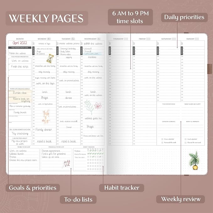 Legend Hourly Planner PRO Premium – Undated Schedule Planner with Time Slots – Weekly, Monthly & Daily Personal Organizer, A4 (Rose Gold)