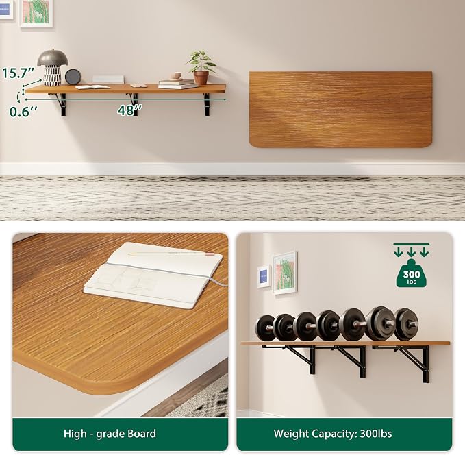Dogsky Wall Mounted Folding Table, Floating Desk 48x15.7Inch, Fold Down Shelf Wall Mounted with Heavy Iron Brackets, Foldable Table for Launrdy Room, Office Study Work Bench, Kitchen Dining, Burlywood