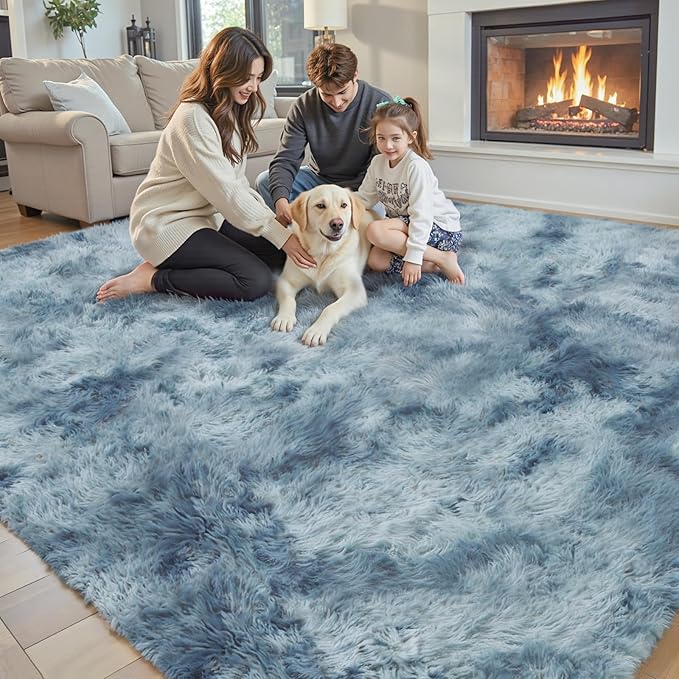 Area Rugs 9x12 Living Room,Large Area Rug Shaggy Carpet Soft Plush Furry Bedside Rug, Machine Washable Area Rugs for Bedroom Home Decor Non-Slip(9 x 12, Dark Blue Tie-Dyed)