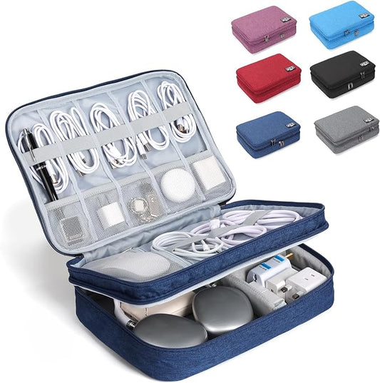 Large Electronic Organizer Travel Case, Double Layer Tech Accessories Bag with 3 DIY Adjustable Dividers, Waterproof Padded Cable Storage Pouch for Camera Gear, Power Bank, Hard Drive, Mouse