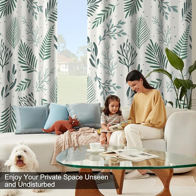 Blackout Curtains for Bedroom and Living Room, Green Leaves Grommet Thermal Insulated Bedroom Curtains Room Darkening Drapes 84 Inch Length 2 Panels Set, Reduce Outside Noise, Maintain Privacy