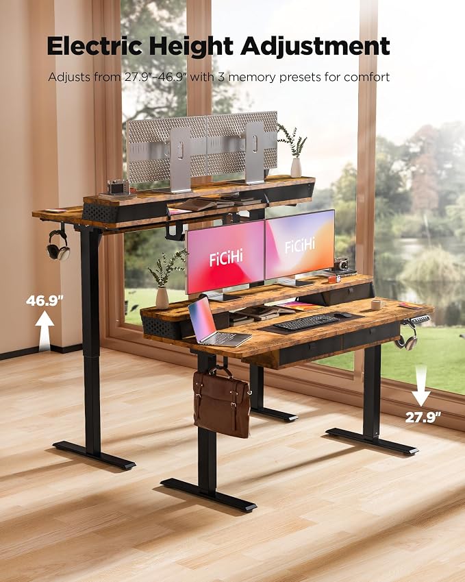 FiCiHi 55x24 Inch Electric Standing Desk, 4 Drawers, Adjustable Height Desk | Sit Stand Computer Desks, C-Clamp Compatible Home Office Desk with Monitor Stand, Cable Management, 3 Preset Heights